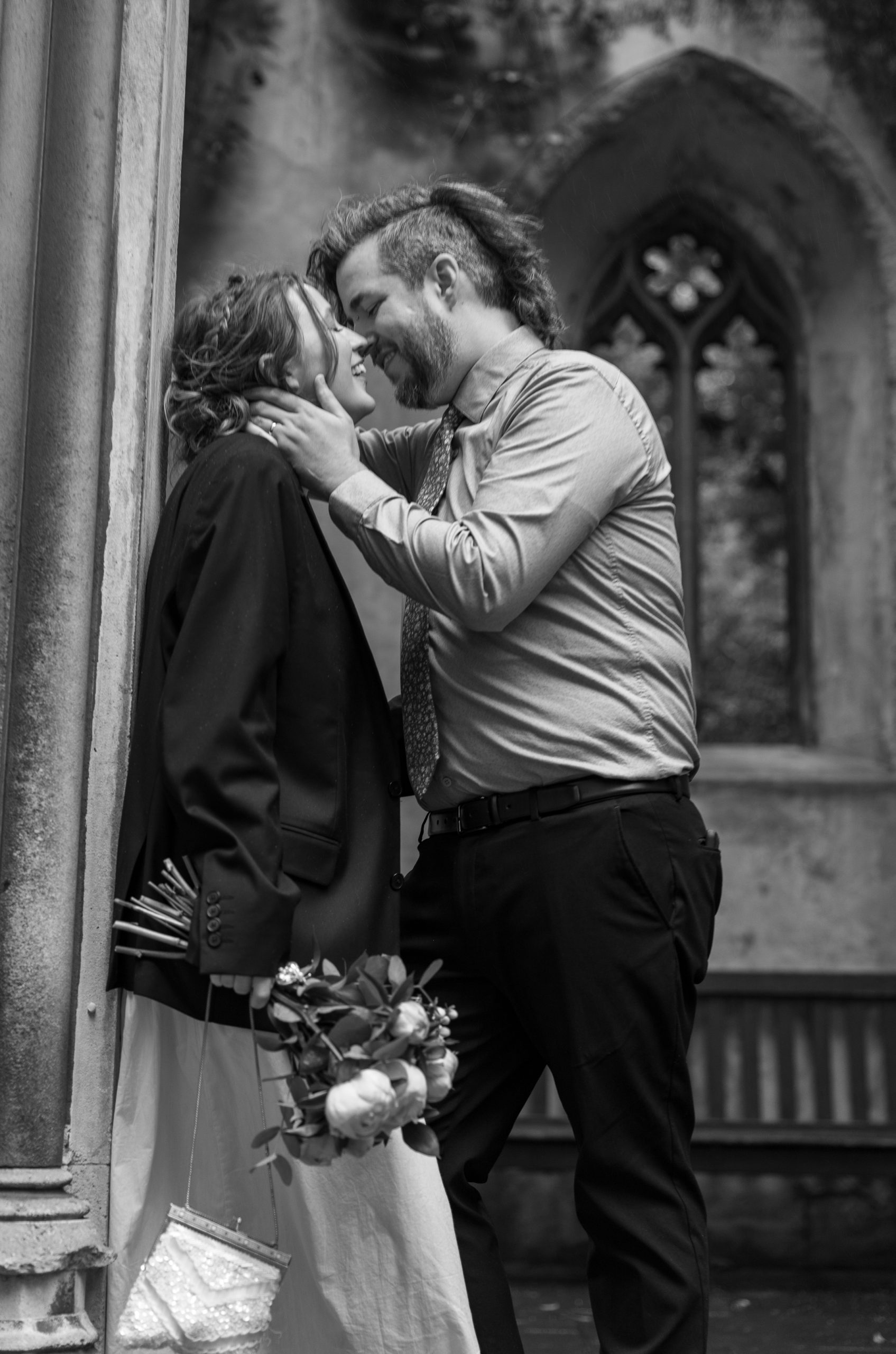 An intimate elopement among the ivy-covered ruins of St Dunstan in the East. Fashion-forward, documentary-style destination wedding photography.